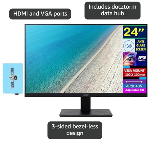 Image of acer 24 inch FHD IPS Monitor with Integrated Speakers, VESA Mount (2-Pack) | 4 ms Response Time, Anti-Glare, Adaptive Sync, & Dockztorm Hub, VGA, HDMI, Black Color
