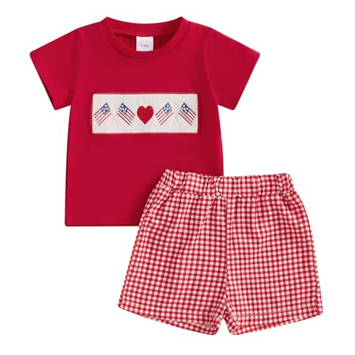 Image of 4th Of July Toddler Boy Outfit Popsicle American Flag T-Shirt and Gingham Plaid Shorts Set Independence Day Clothes