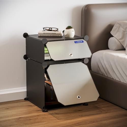 BOXJOY 2 Shelf Black Side Table with Door for Bedroom & Living