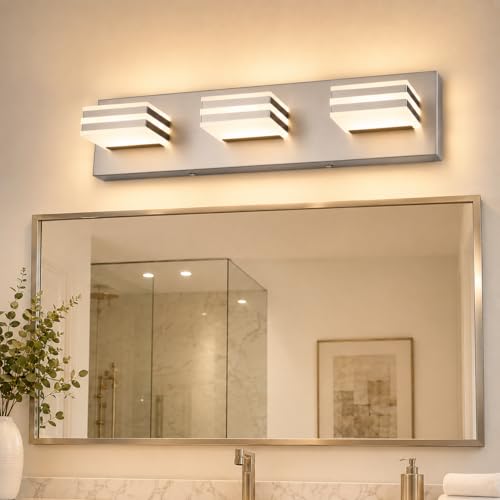 Image of 3-Light Brushed Nickel Vanity Light for Bathroom, 20 Inch 24W 5CCT Dimmable LED Fixture with Clear Acrylic Shade, Hardwired Modern Wall Light Over Mirror for Guest Bath