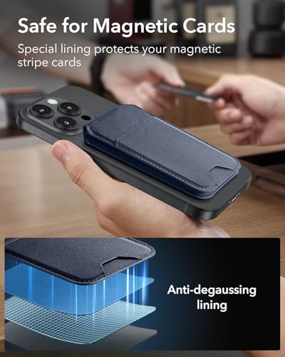 Image of ESR Magnetic Wallet, Compatible with MagSafe, for iPhone with Adjustable Stand, 3 Card Holder, Vegan Leather, Dark Blue