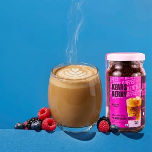 Image of Kents Coffee Berry Delight Cappuccino - Berry Flavor | Plant-Based Instant Coffee | Rich & Creamy | Hot, Iced & Dessert Drinks | 50gm Unbreakable Glass Jar | Hot & Cold Coffee | No Added Sugar, No Artificial Flavours