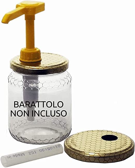 APICOR - Kit Dispenser Dosatore Per Miele Con 2 Capsule Adattabili Per Vaso Miele 1 Kg. E 1/2 Kg. Tappi Alveare Salva Goccia