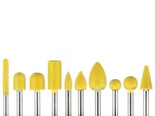 10 Pieces of 1/4” Shank, Die Grinder Router, Ball Nose, Cylinder, Flame, Sphere, Taper, Fine Grit, Yellow - End mill & Carbide Burr kit by Saburr Tooth - Rotary, Shank, Wood, Power carving tools