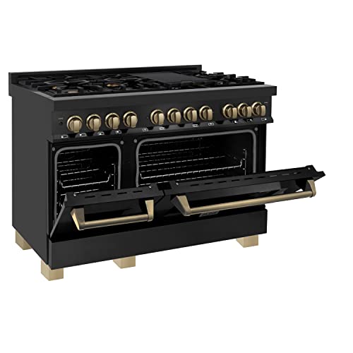 Zline Autograph Edition 48" 6.0 Cu. Ft. Dual Fuel Range With Gas Stove And Electric Oven In Black Stainless Steel With Champagne Bronze Accents (Rabz-48-Cb) #TOP1