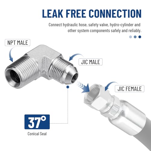 Image of 5 Pack 90 Degree Elbow Hydraulic Adapter Fittings: 1 /2 inch JIC Male x 1 /2 inch NPT Male, with Protection Cover Hydraulic Hose Crimp Connectors