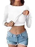 ANRABESS Womens Thermal Shirts Built-in Bra Long Sleeve Tops Boat Neck Fleece Slim Fitted Basic Tee 2025 Fall Winter Outfits White Small
