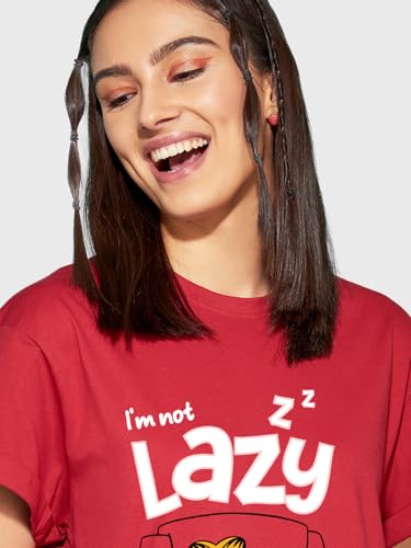 Image of Bewakoof X Official Garfield Merchandise Women's Selective Participation Graphic Printed 100% Cotton T-Shirt - Boyfriend Fit, Round Neck, Half Sleeves, Loose Fit