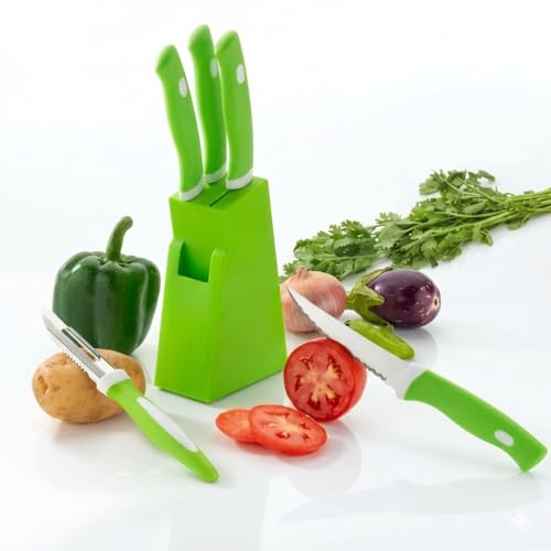 Image of Kitchen Knife Set with Stand, Stainless Steel Blades, Green Handles, Includes Peeler