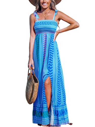 Image of CUPSHE Women Paisley Smocked Tie Strap Slit Ruffled Maxi Dress | Square Neckline, High Elastic Bodice, Side High Split, Flowy A Line Long Sundress, Summer Casual Beach Resort Travel Outfit