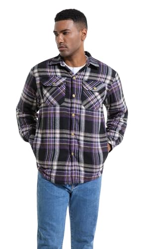 Image of Men's Sherpa Cotton Flannel Shirt Jacket Plaid Button Coat Pocket