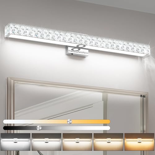 Image of SOLFART Bathroom Light Fixtures, Crystal LED Modern Vanity Light, 32.5 Inch Chrome 5 Color Adjustable 5CCT