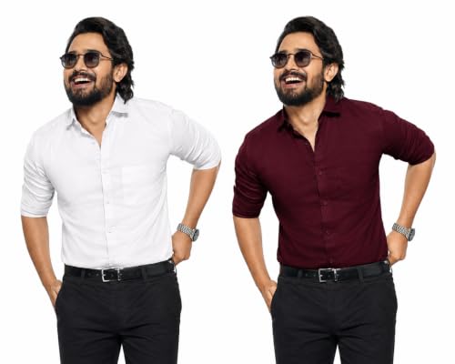 Image of Pinkmint Men's Solid Shirt | Soft Cotton Blend | Casual Shirt | Plain | Full Sleeve - Regular Fit (Available in Plus Size and Pack of 2)