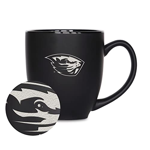 Rico Industries NCAA Oregon State Beavers Main 15oz Laser Engraved Matte Black Ceramic Bistro Mug - for Hot or Cold Drinks