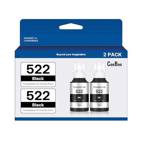 CEEBOO 522 Ultra-high Capacity Refill Ink Bottle Black Replacement for Epson 522 Black Ink Refill Bottles (Not Sublimation Ink) , 2 Black 140 mL, 2 Bottles