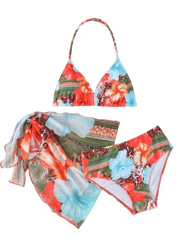 Image of SEGT Girl's 3 Piece Striped Bikini Swimwear Cute Swimsuits Bathing Suit High Waisted with Cover Up Beach Skirt