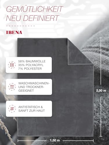 Ibena Porto Decke 150x200 cm – Baumwollmix weich, warm & waschbar, Kuscheldecke grau einfarbig
