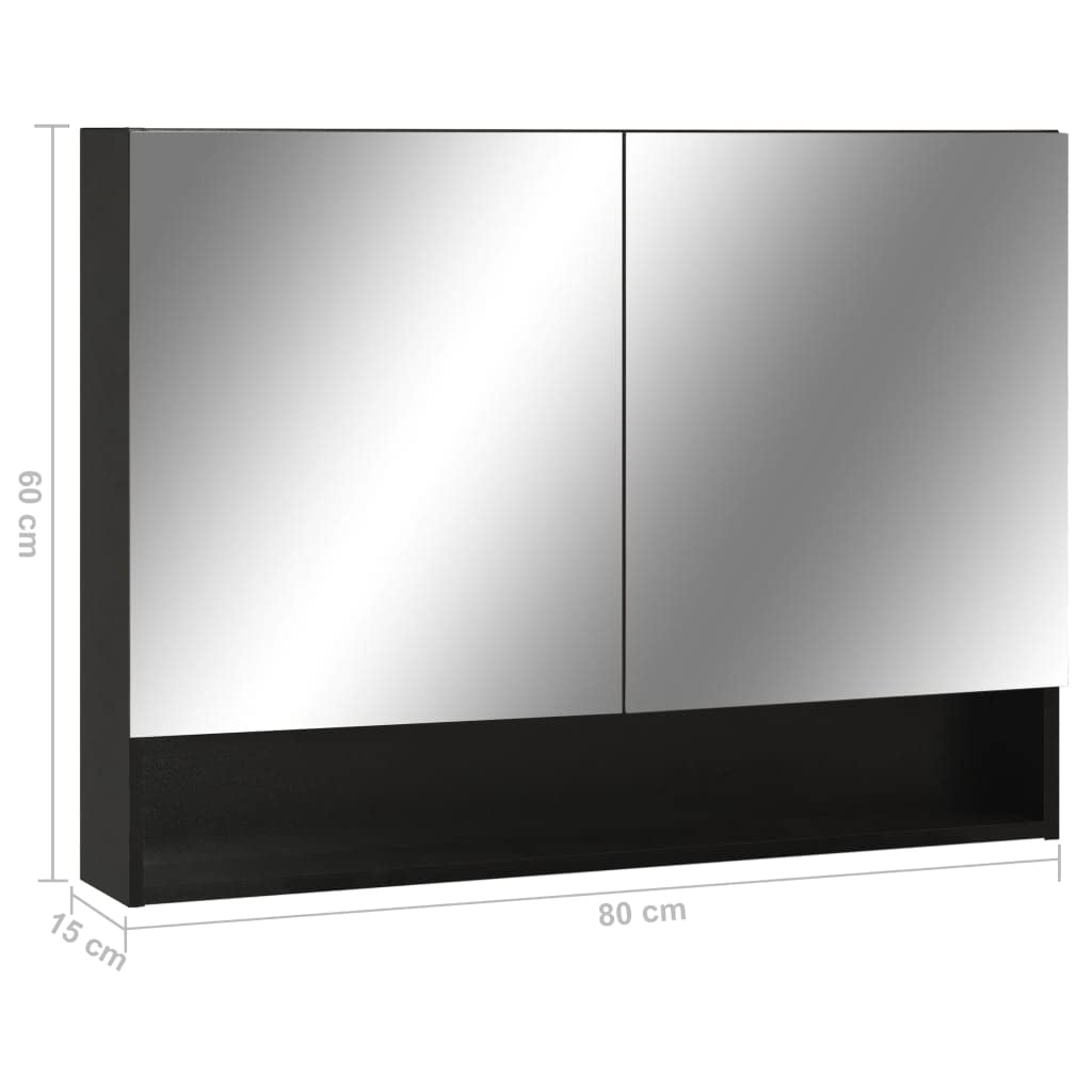 Szafka z lustrem LED do łazienki, czarna, 80 x 15 x 60 cm, płyta MDF z melaminą, przyłącze USB, 2 drzwi, 3 półki, montaż ścienny do umywalki i umywalki, oszczędność miejsca do przechowywania