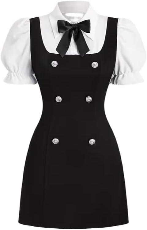 Women Short Dresses 2 In 1 Colorblock Turndown Collar Lantern Sleeve Black Suit Cute Dress