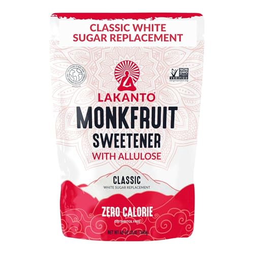 Lakanto Classic Monk Fruit Sweetener With Allulose, White Sugar Substitute From Monk Fruit Extract for Baking, Coffee & Tea, Gluten Free, Zero Calorie, Low Carb, Non GMO, Keto, Classic White, 3 LB Bag