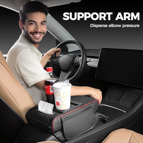 Image of Car Centre Console Armrest Pad with Cup Holder, Phone Storage, Black Quilted Leather, Memory Foam Cushion (Black)