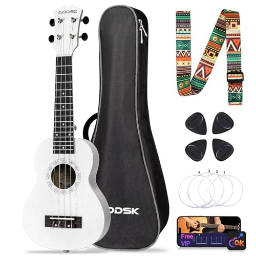 AODSK ソプラノ ホワイト ウクレレ 初心者用 21インチ ウクレレ ギグバッグストラップ ナイロンストリング 4ピック ホリデーギフト