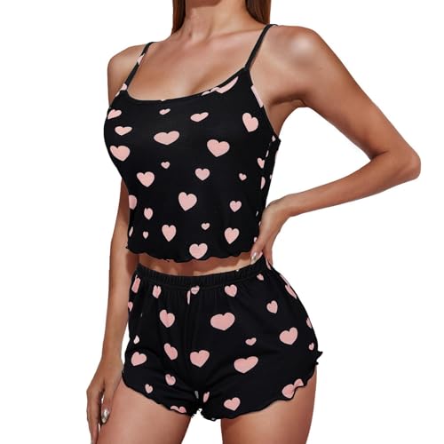 Genérico Pijama corto mujer verano sexy conjunto de dos piezas amor impreso tirantes ajustables tops chic verano 2 piezas ropa noche top y pantalones cortos pijamas corto ropa top pijama raso mujer