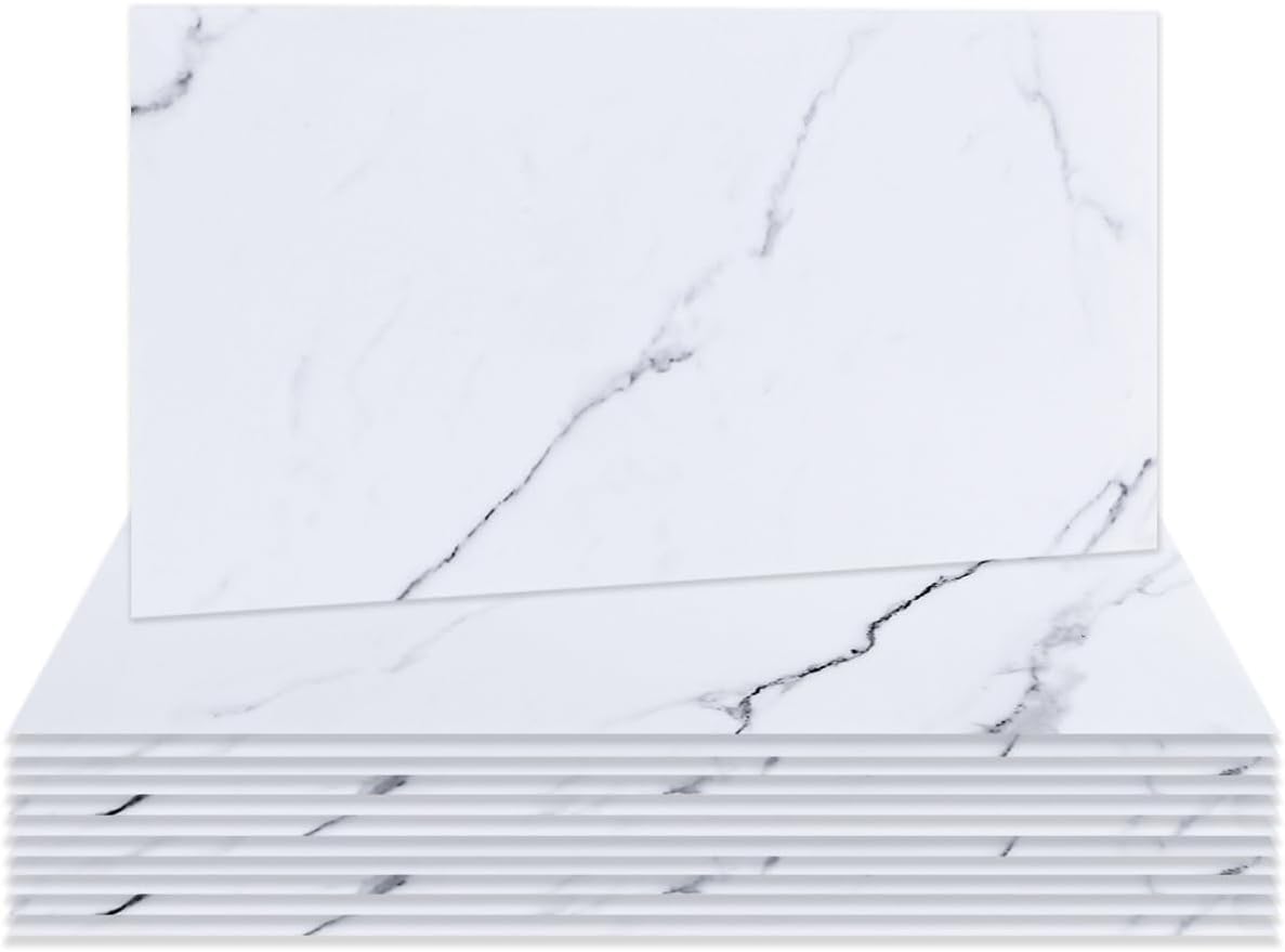 Hode 50 Pieces Marble White Tile Stickers for Bathroom, 15cmx30cm Stick on Tiles Self Adhesive Wallpaper, Vinyl Wrap for Kitchen Walls Waterproof (Glossy)