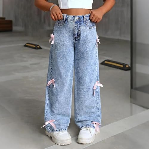 Kids Girls Baggy Jeans Wide Leg Straight Butterfly Bow Demin Pants Loose High Waist Girls Trendy Teen Fall Trouser3