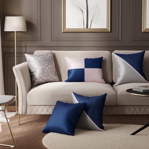 Image of Stoa Paris Cushion Covers for Home, Digital Printed Pillow Covers Set of 5, Throw Cushion Covers for Bed, Sofa, Home Decor - Mystique Blue, Blushing Pink, Harbour Mist Grey
