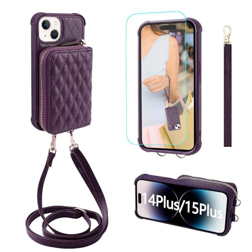 Image of MONASAY Zipper Wallet Case Compatible for iPhone 15 Plus /14 Plus,[Screen Protector][RFID Blocking] Flip Leather Handbag Phone Cover with Card Holder and Crossbody Lanyard Strap, Purple