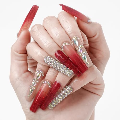 FORBELOVED NAILS,Luxury Ombre Red Glitter Gems Handmade Press On Nails,Long