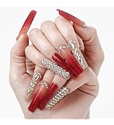 FORBELOVED NAILS,Luxury Ombre Red Glitter Gems Handmade Press On Nails,Long Square Stick On Nails...