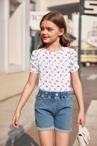 Image of Arshiner Girls Puff Short Sleeve Shirts Summer Ribbed Knit Crewneck T Shirt Tops Tee Blouse