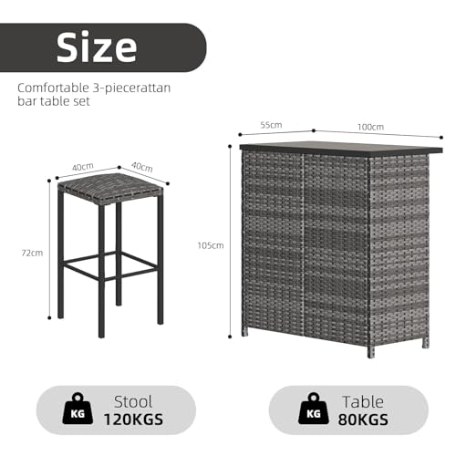 Mesa de bar con estantes de almacenamiento y dos taburetes de ratán 8