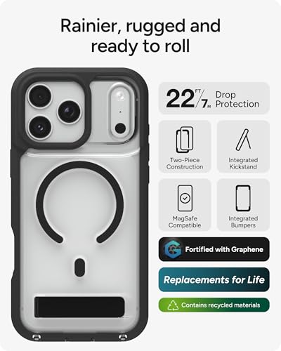 Image of ZAGG Rainier Case with Kickstand for iPhone 17 Pro Max - Black, Graphene 22ft (7m) Drop Protection, Lanyard Attach Points, MagSafe, Wireless Charging Compatible, 2-Piece Design, Phone Case