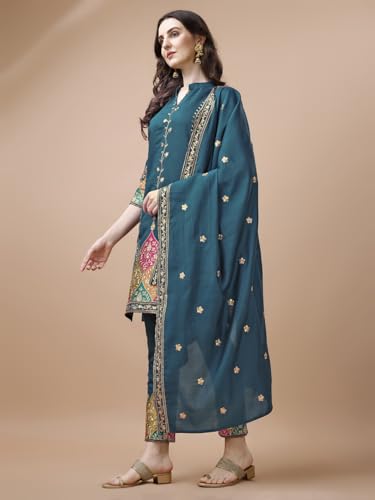 Image of Granthva Fab Women's Chanderi Silk Embroidered Straight Kurta with Palazzos and Dupatta
