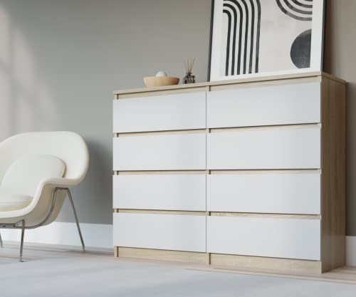 Commode 120 cm avec 8 tiroirs de style scandinave, Couleur: Chêne Sonoma/Blanc, Dimensions: L: 120 cm x P: 39 cm x H: 102 cm, Armoire Chambre Adulte, Buffet Salon, Commode Chambre, Meuble de Rangement