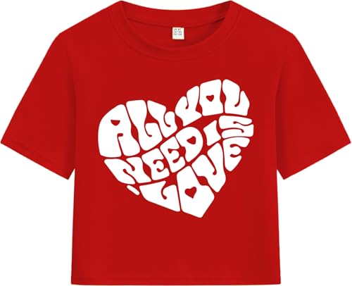 Girls Valentine T-Shirts Crop Tops Short Sleeve Shirts Little Kids Love Heart Graphic Tees