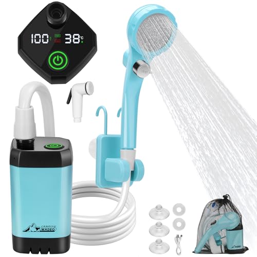 WADEO Tragbare Campingdusche Akku mit Pumpe, Camping Dusche mit wiederaufladbarem 6000-mAh-Akku und doppelter Digitalanzeige, Mobile Duschen mit Duschkopf, für Camping Reisen Garten (Blau, Typ C)