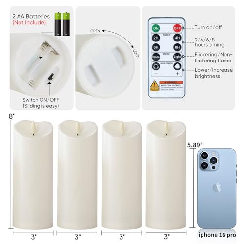 Image of Raycare 8 inchx3 inch Outdoor Waterproof Flameless Candles with Remote and Timer, Battery Operated LED Electric Fake Pillar Candle for Home Wedding Decor, Ivory White, Set of 4