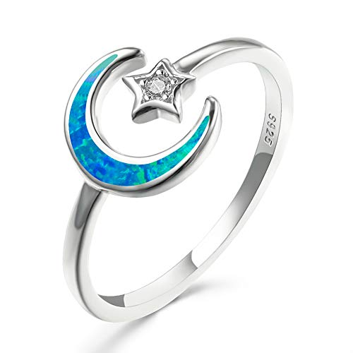 Angol Opal Moon Star Ring, 925 Sterling Silver Crescent Moon Ring, Opal Adjustable Opening Moon Statement Jewelry for Women Teens Size 6 7 8 9 10 with Gift Box