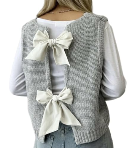Image of Women's Back Tie Bow Knit Sweater Vest Casual Tops Y2K Sleeveless Crew Neck Knit Vest