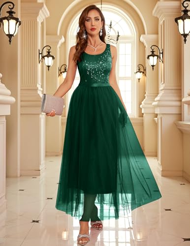 Image of BeryLove Sequin Dress for Woman Vintage A Line Wedding Formal Swing Mesh Dress Sleeveless Cocktail Maxi Gowns