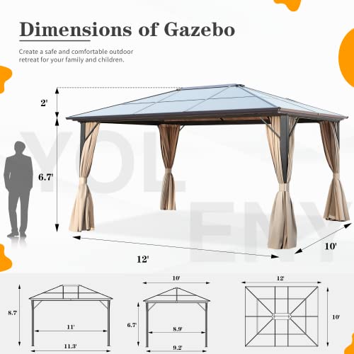 YOLENY 10'x12' Hardtop Gazebo, Outdoor Polycarbonate Roof Canopy, Aluminum Frame Permanent Pavilion with Curtains and Netting, Sunshade for Garden, Patio, Lawns