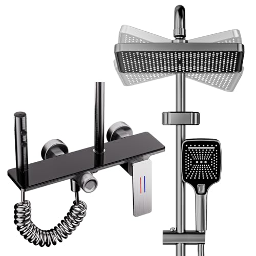 Columna Ducha con Grifo Negra, Duchas de Baño Columna con 4 Modos - 30X21CM Cabezal de Ducha Estilo Lluvia Cuadrado, Ducha de Mano, Rociador auxiliar - Altura Ajustable