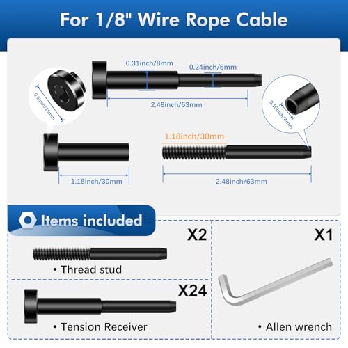 Image of 24Pack Black PVD Technology Invisible Cable Railing Kits, Marine Grade T316 Swage Tensioner and Terminal Hidden for 1 /8 inch Cable Railing, Terminal with Spare Thread Stud for Level /Stair /Wood Post