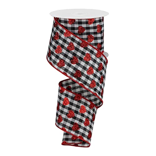 Image of Buffalo Plaid Glitter Hearts Ribbon - 2 1 /2 inch x 10 Yards, White & Black Checks, Valentine's Day Decor, Red Glitter Heart on Wired Ribbon, I Love You, Gift Bow, Bouquet
