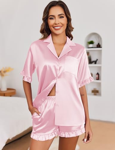 Image of Ekouaer Satin Pajama Set for Women 2 Piece Pj Sets Short Sleeve Sleepwear | Super Soft Silky Summer Loungewear Set with Ruffle Short Sleeve Top and Pocket Shorts, Casual Travel Daily Gift