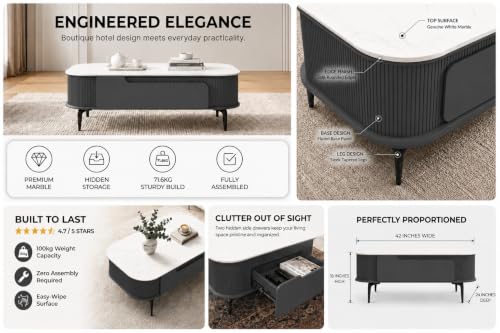 Image of WOODEN SPACE Premium Solo Marble-Top Wooden Center Table for Living Room | Iron Legs | PVD Coating | Modern Entryway Furniture | Coffee Table (Dark Grey, 42x24x18 Inch)